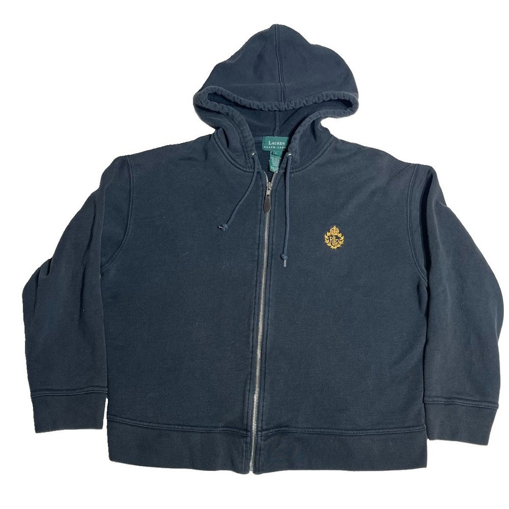 Lauren Ralph Lauren Hoodie Womens Large Black Full Zip Embroidered Crest VTG
